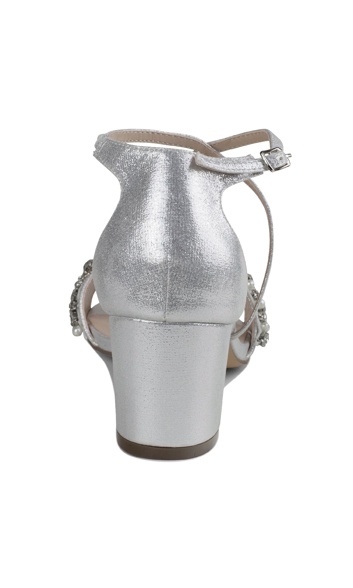 Back view of the Evangeline Silver Prom Shoes (Paradox London P2201): a silver, closed-heel sandal with ankle strap, chunky heel, and side detailing—ideal as low-heel formal shoes or chic prom footwear.